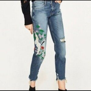 Zara Embroidered Distressed Jeans